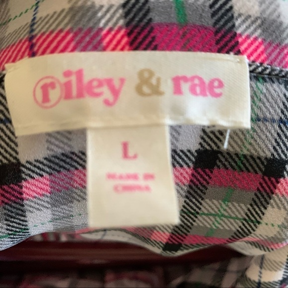 Riley & Rae Lavallière Bow Blended Legacy Pink Plaid Button Up Blouse Large - Picture 9 of 11